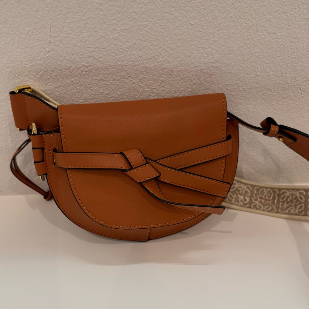 Tan Saddle Crossbody Bag Knot Detail Minimalist Leather Look Mini Bag